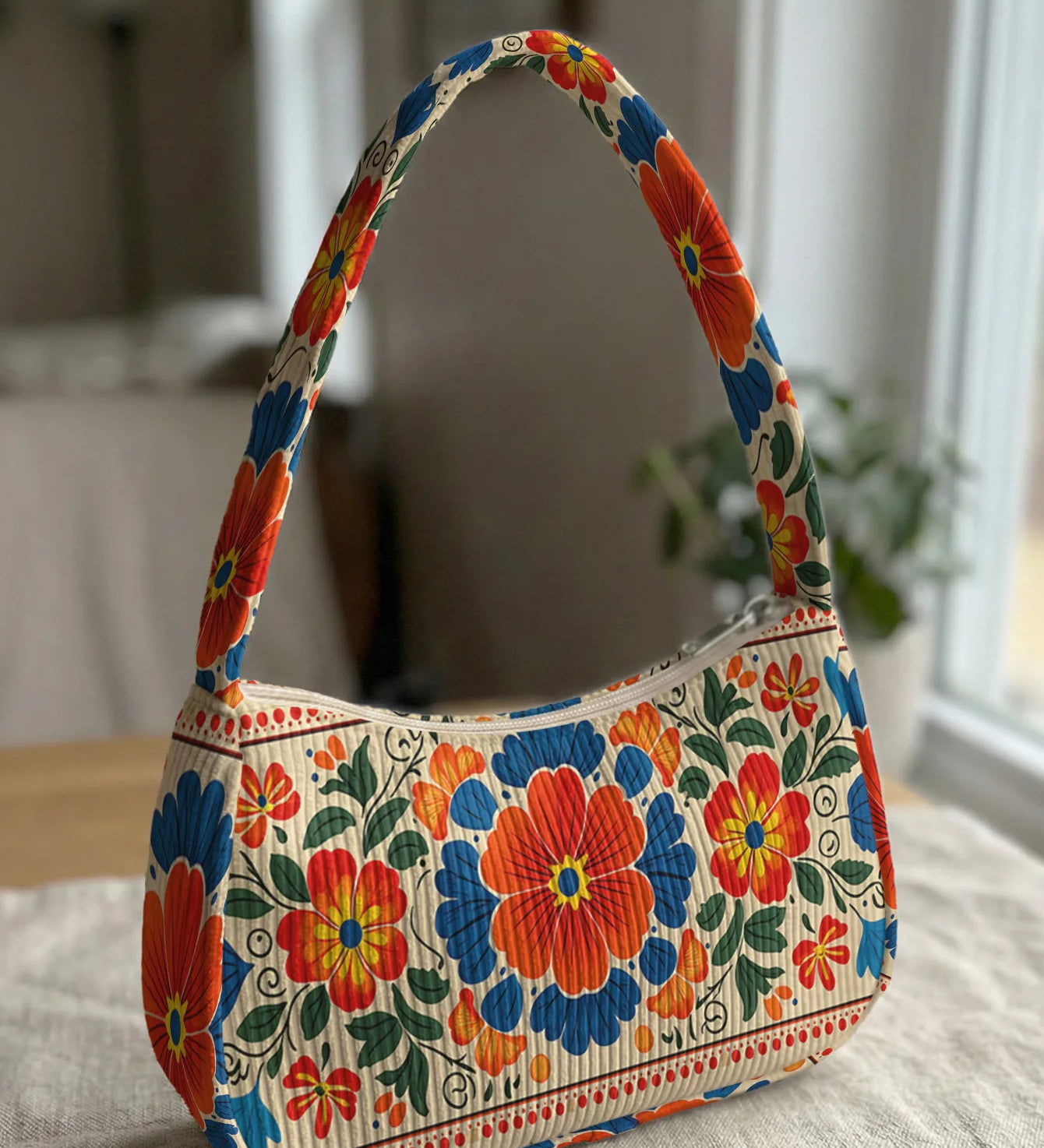 Trendy Mexican Folk Floral Print Shoulder Bag, Corduroy Underarm Bag for Daily Casual Use