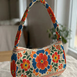Trendy Mexican Folk Floral Print Shoulder Bag, Corduroy Underarm Bag for Daily Casual Use