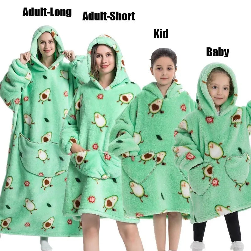 Winter Extra Long Hoodies for Women Homewear Adult Cartoon Sweatshirt Big Pocket Pullover Soft Cosy Wearable Oversized Blankets