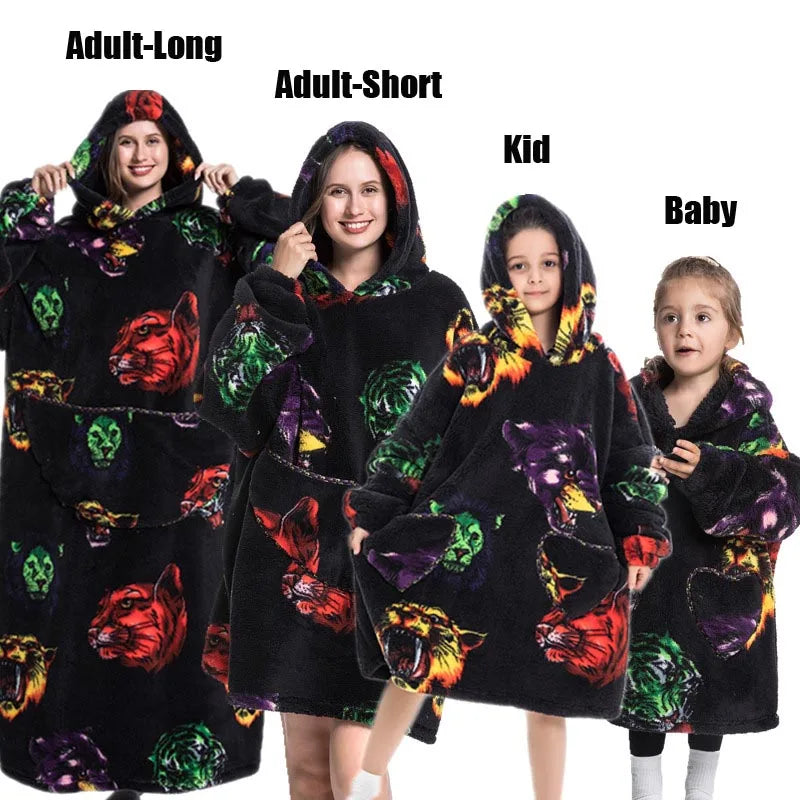 Winter Extra Long Hoodies for Women Homewear Adult Cartoon Sweatshirt Big Pocket Pullover Soft Cosy Wearable Oversized Blankets