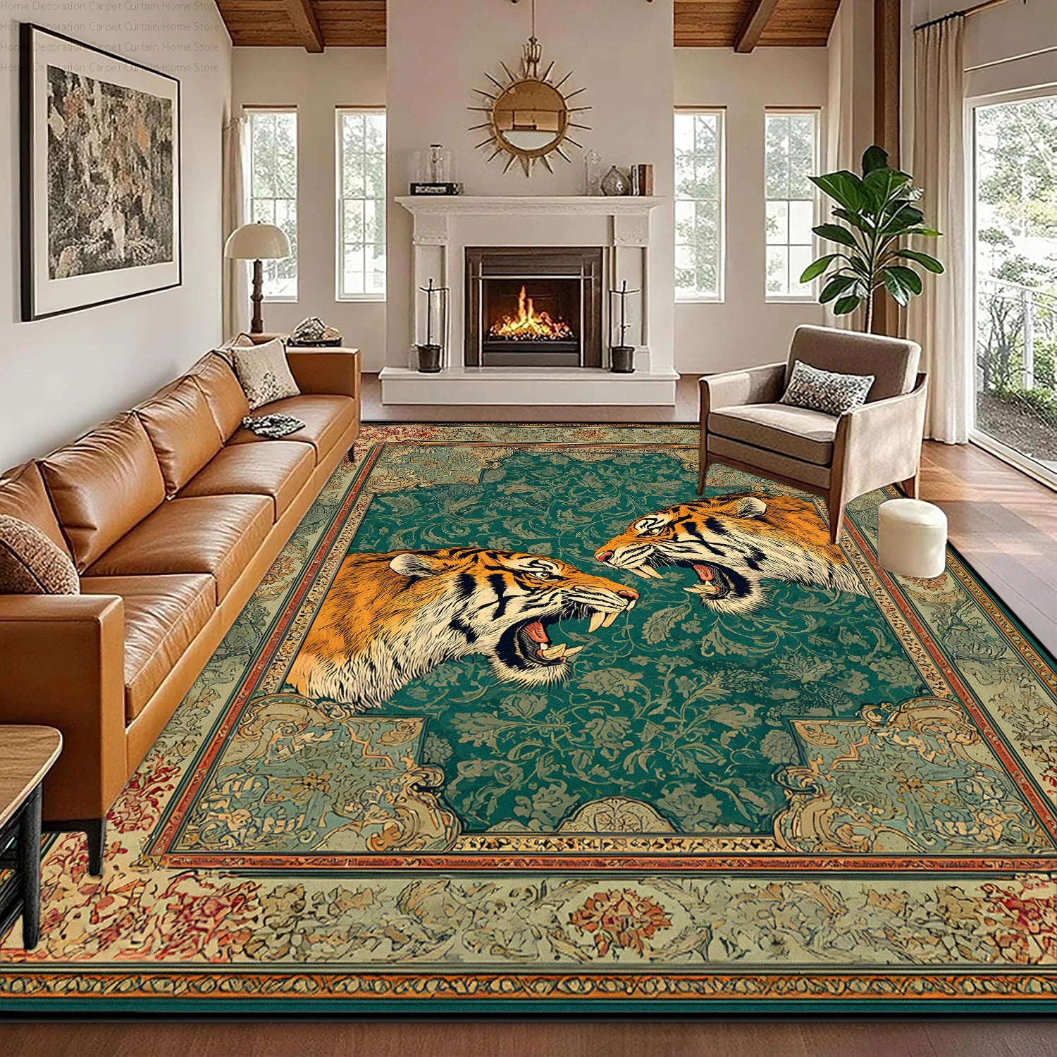 Green Retro Tiger Carpet Traditional Floral Short Velvet Living Room Big Size Rug Soft Non-slip Washable Bedroom Patio Floor Mat