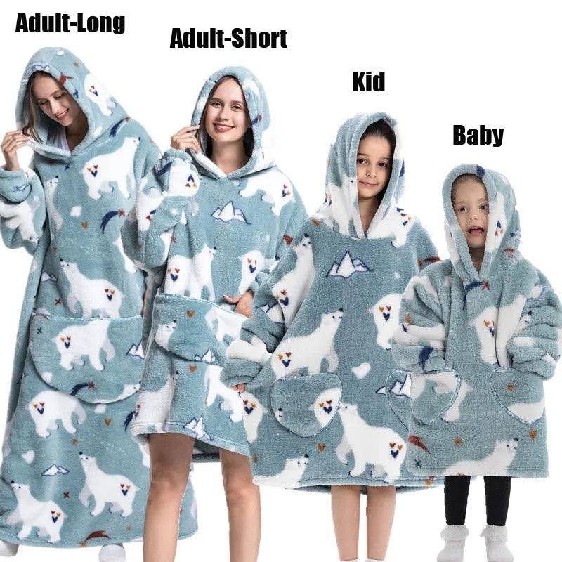 Winter Extra Long Hoodies for Women Homewear Adult Cartoon Sweatshirt Big Pocket Pullover Soft Cosy Wearable Oversized Blankets