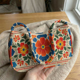 Trendy Mexican Folk Floral Print Shoulder Bag, Corduroy Underarm Bag for Daily Casual Use