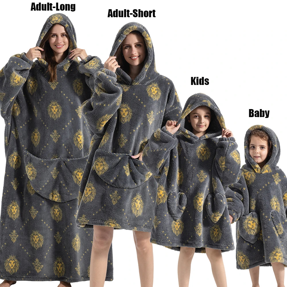 Winter Extra Long Hoodies for Women Homewear Adult Cartoon Sweatshirt Big Pocket Pullover Soft Cosy Wearable Oversized Blankets