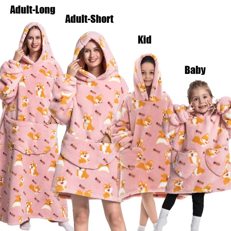Winter Extra Long Hoodies for Women Homewear Adult Cartoon Sweatshirt Big Pocket Pullover Soft Cosy Wearable Oversized Blankets