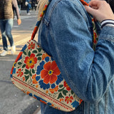 Trendy Mexican Folk Floral Print Shoulder Bag, Corduroy Underarm Bag for Daily Casual Use