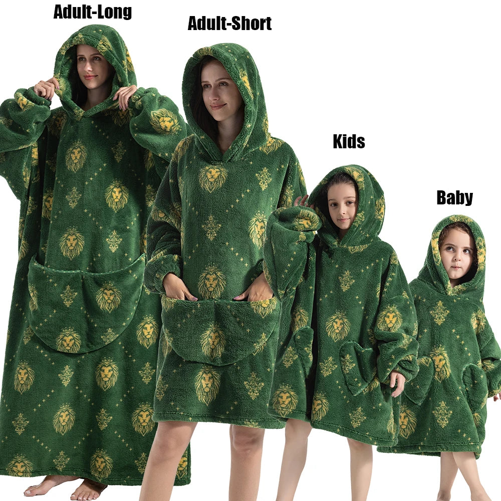 Winter Extra Long Hoodies for Women Homewear Adult Cartoon Sweatshirt Big Pocket Pullover Soft Cosy Wearable Oversized Blankets