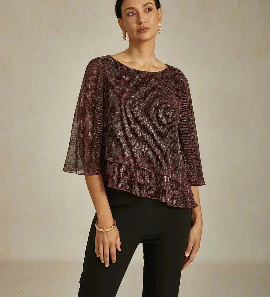 Metallic Pleated Chiffon Asymmetrical Layered Blouse