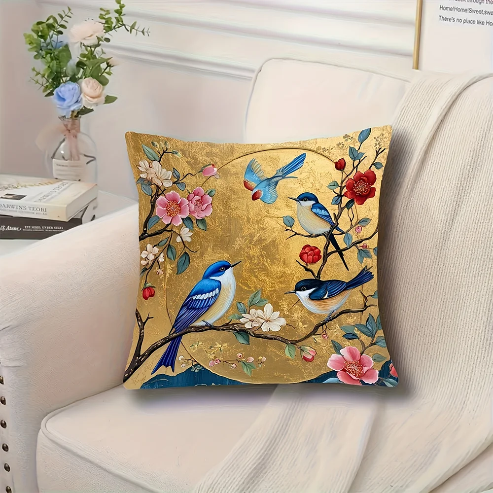 2D flat- # Vintage Gold Chinoiserie Floral Birds Throw Pillow Cover Decorative Cushion Case for Sofa Bedroom Living Room