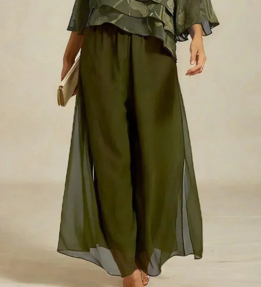 Straight Leg Pant With Chiffon Split Leg Overlay