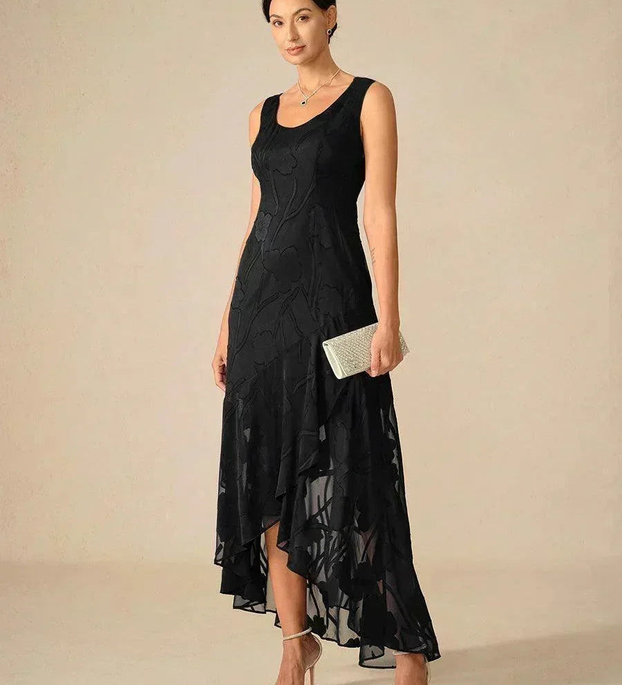 Floral Chiffon Sleeveless Evening Gown with Asymmetrical Hem