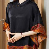 Vintage Black Mandarin Collar Asymmetrical Patchwork Jacquard Silk Shirts Batwing Sleeve
