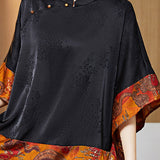 Vintage Black Mandarin Collar Asymmetrical Patchwork Jacquard Silk Shirts Batwing Sleeve