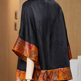 Vintage Black Mandarin Collar Asymmetrical Patchwork Jacquard Silk Shirts Batwing Sleeve