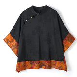 Vintage Black Mandarin Collar Asymmetrical Patchwork Jacquard Silk Shirts Batwing Sleeve