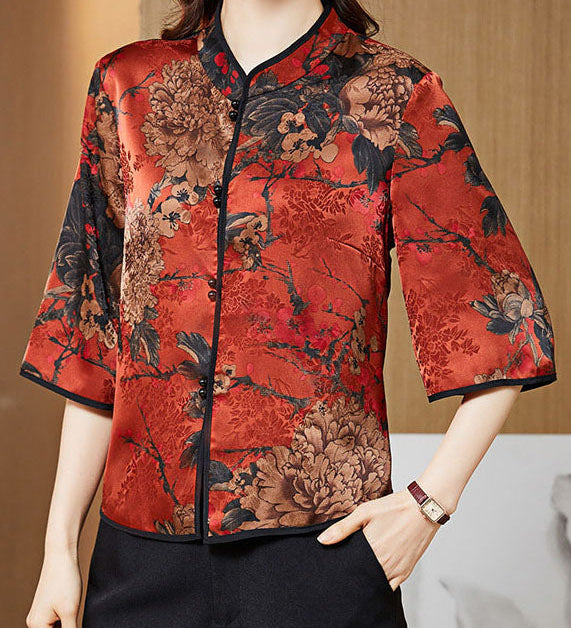 Vintage Red Mandarin Collar Print Silk Shirt Tops Half Sleeve