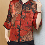 Vintage Red Mandarin Collar Print Silk Shirt Tops Half Sleeve
