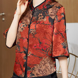 Vintage Red Mandarin Collar Print Silk Shirt Tops Half Sleeve