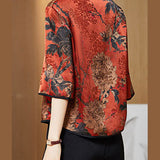 Vintage Red Mandarin Collar Print Silk Shirt Tops Half Sleeve