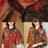 Vintage Red Mandarin Collar Print Silk Shirt Tops Half Sleeve