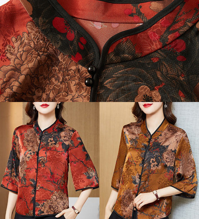 Vintage Red Mandarin Collar Print Silk Shirt Tops Half Sleeve