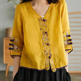 Women Yellow Casual Ramie Cardigan Embroidered Shirt