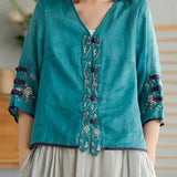Women Yellow Casual Ramie Cardigan Embroidered Shirt