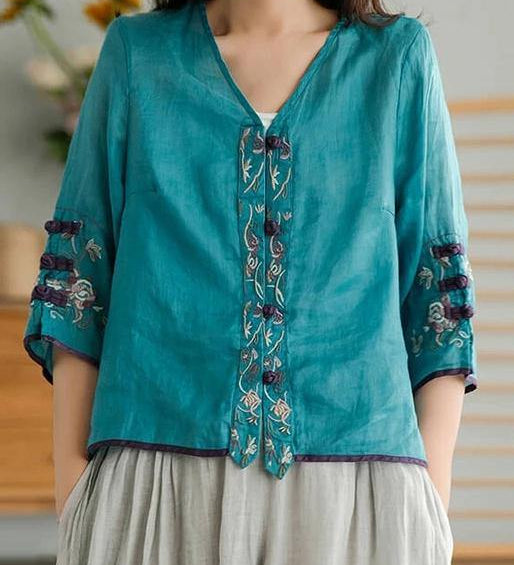 Women Yellow Casual Ramie Cardigan Embroidered Shirt