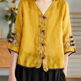 Women Yellow Casual Ramie Cardigan Embroidered Shirt