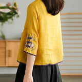 Women Yellow Casual Ramie Cardigan Embroidered Shirt
