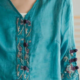 Women Yellow Casual Ramie Cardigan Embroidered Shirt