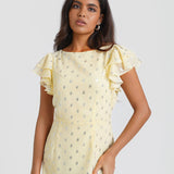 Lemon Flutter Sleeve Foil Midaxi Dress