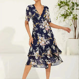 Floral Chiffon V Neck Ruffle Midi Dress