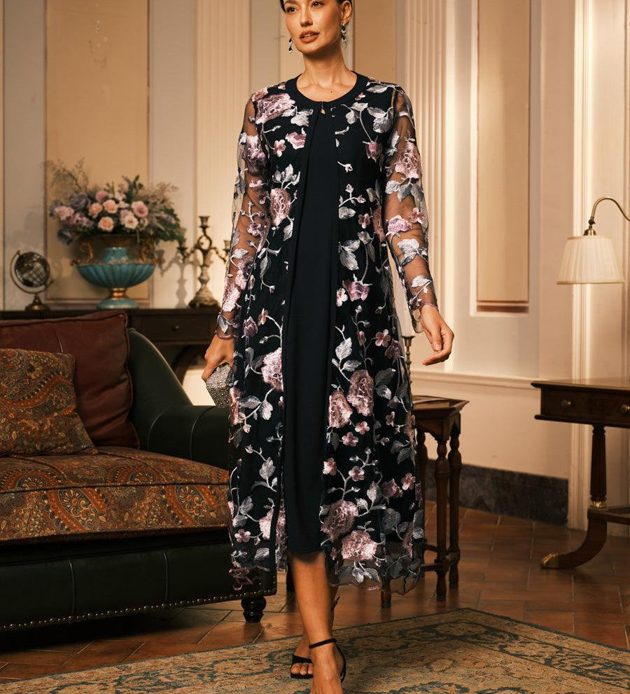 Mesh Lace Embroidered Floral Dress Set