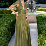 Astrid Gown - Draped Cap Sleeve Shimmer Chiffon Dress
