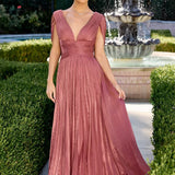 Astrid Gown - Draped Cap Sleeve Shimmer Chiffon Dress