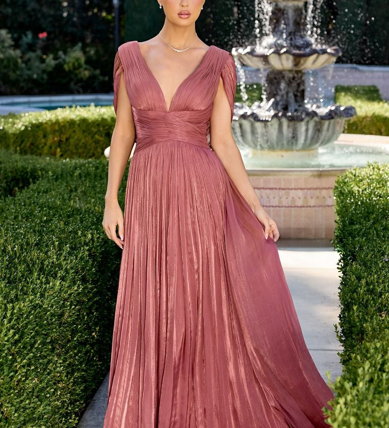 Astrid Gown - Draped Cap Sleeve Shimmer Chiffon Dress