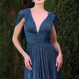 Astrid Gown - Draped Cap Sleeve Shimmer Chiffon Dress