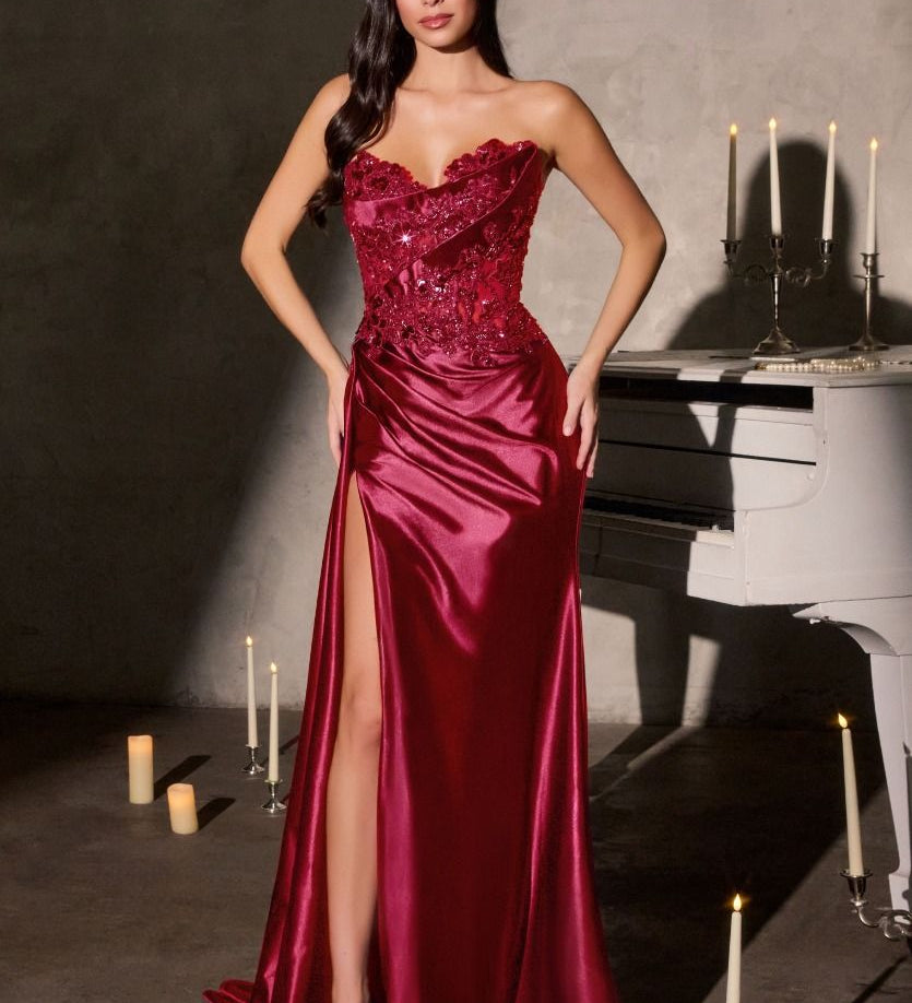 Leslie Gown – Strapless Floral Beaded Evening Dress