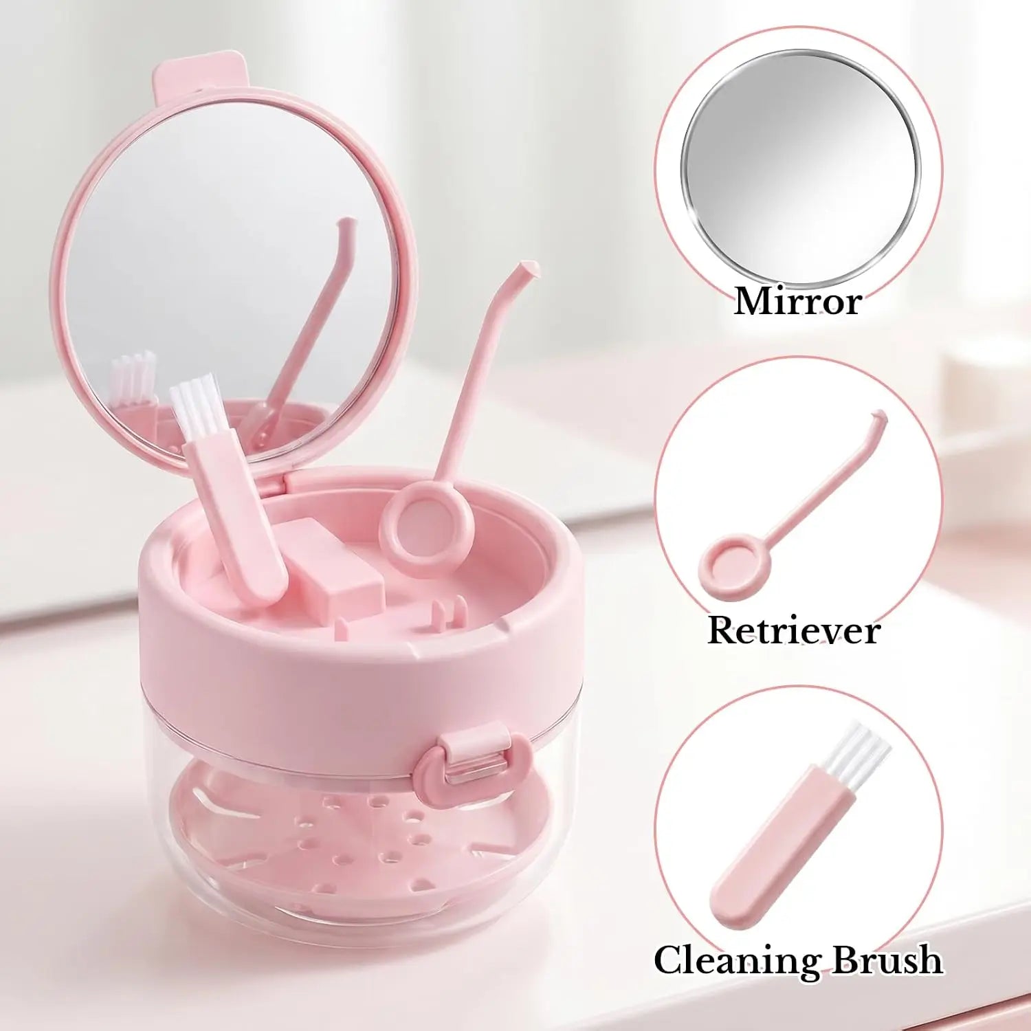Mirror, retriever and cleaning brush