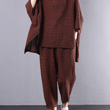 Casual Plus Size Cotton Linen red Plaid Vintage Blouse And Pants Two Pieces Set(Limited Stock)