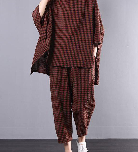 Casual Plus Size Cotton Linen red Plaid Vintage Blouse And Pants Two Pieces Set(Limited Stock)