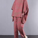 Casual Plus Size Cotton Linen red Plaid Vintage Blouse And Pants Two Pieces Set(Limited Stock)