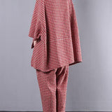 Casual Plus Size Cotton Linen red Plaid Vintage Blouse And Pants Two Pieces Set(Limited Stock)