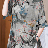 Italian Dark Blue Peter Pan Collar button Asymmetrical print Silk tops Spring
