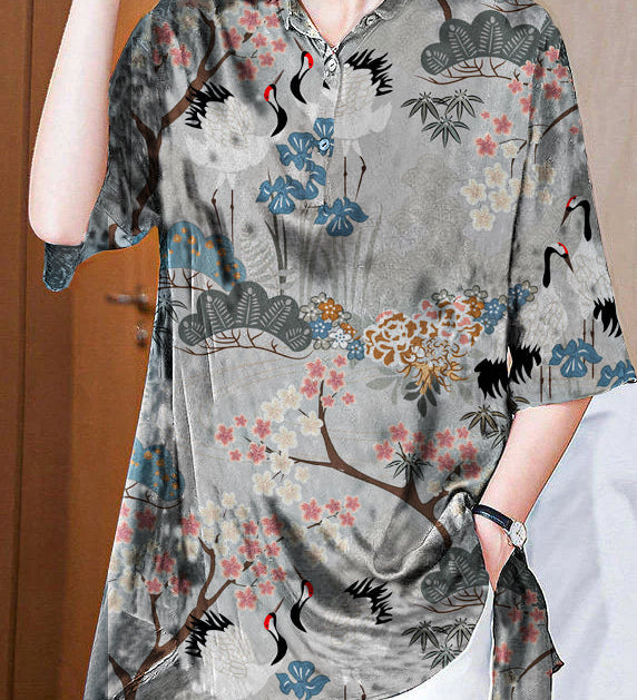 Italian Dark Blue Peter Pan Collar button Asymmetrical print Silk tops Spring