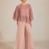 Metallic Pleated Chiffon Asymmetrical Layered Blouse