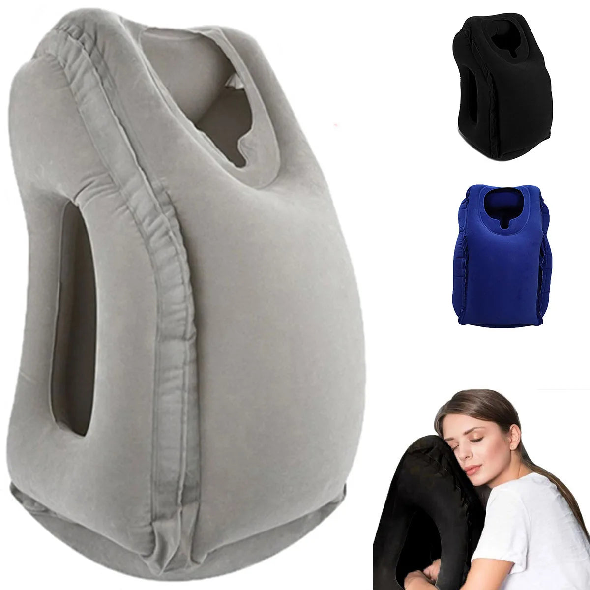 Inflatable travel pillow in grey