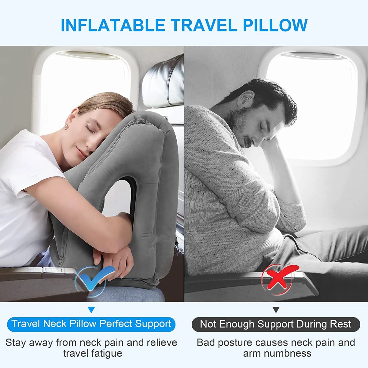Inflatable travel pillow used on a plane