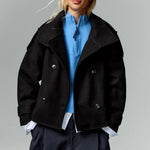 Mazarine coat in black, worn open